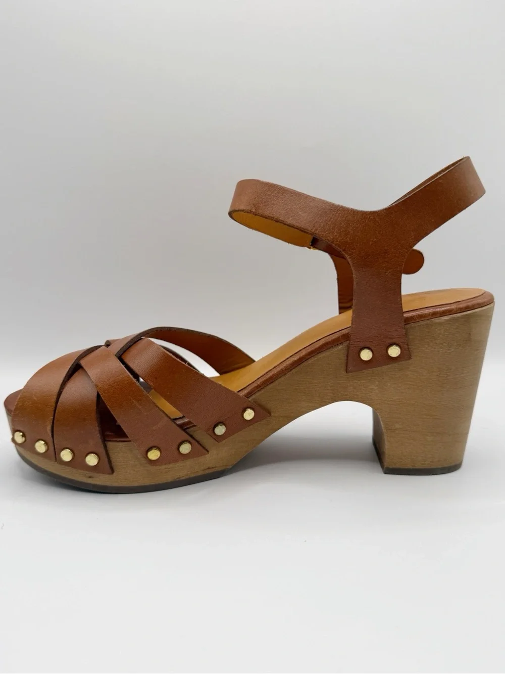Sézane Isabelle Clogs Smooth Camel Leather Wooden Platform Sandals Brown 39 Shoe
